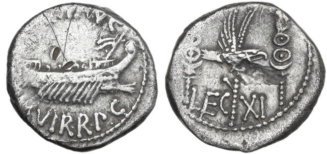 MARK ANTONY AR. DENARIUS: 32-31 BC. Mark Antony Ar. legionary denarius, 32-31 BC. ANT AVG III VIR R P C; praetorian galley right. Rev. LEG XI; legionary eagle between two standards. RSC 39, Cr. 544/25, Syd 1229. Banker's mark