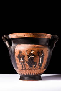 ATTIC BLACK-FIGURE COLUMN KRATER - DEITY ASSEMBLAGE - TL TESTED: Ancient Greece, Attic (Athens), ca. 5th century BC. An astounding terracotta column krater finely decorated with black-figure scenes of a mythological processions for animal sacrifices featuring