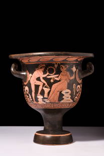 STUNNING APULIAN RED-FIGURE BELL KRATER: Ca. 400-300 BC. A beautiful red-figure terracotta krater with a broad rim, bell-shaped body flanked by two lug handles, and a pedestalled ring foot. Side A depicts a cloaked female figure holding a