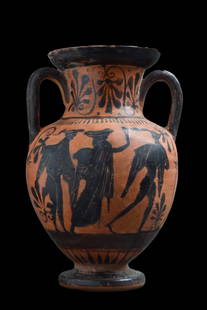 GREEK ATTIC BLACK FIGURE AMPHORA WITH SATYR AND MAENADS: Ca. 500 BC. A lovely, black-figure pottery amphora of a classic form, with a bulbous body upon a raised, round foot, a flared rim at the top, and gracefully curved twin bifurcated handles adjoining