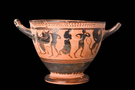 ATTIC BLACK-FIGURE SKYPHOS: Ca. 540-480BC. A black-figure skyphos skillfully crafted from fine reddish clay. The body of the skyphos rises gracefully from a slightly splayed foot, gradually widening towards the broad mouth.