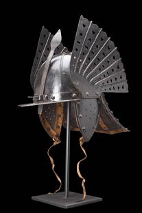 A POLISH SAXON LOBSTERTAIL HUSSARS HELMET WITH WINGS: Ca. 17th-18th century AD. Polish-Lithuanian Commonwealth – Saxony, 17th-18th century, period of the reign of August II the Strong, who was king of Poland and Grand Duke of Lithuania, also the