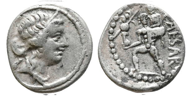 JULIUS CAESAR AR. DENARIUS: 47-46 BC. Julius Caesar Ar. denarius, African mint. Diademed head of Venus right. Rev. CAESAR; Aeneas walking left, carrying Anchises and the Palladium. Cr458/1, Syd 1013. Size: L:16.2mm / W:17.1mm ;