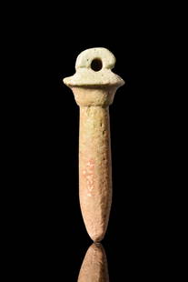 EGYPTIAN FAIENCE PAPYRUS SCEPTRE - WADJ AMULET: Late Period, Ca. 664-332 BC.An amulet formed in the shape of a papyrus column known as Wadj or papyrus sceptre. It has been crafted from a light faience with a suspension hole. This amulet depicts a r