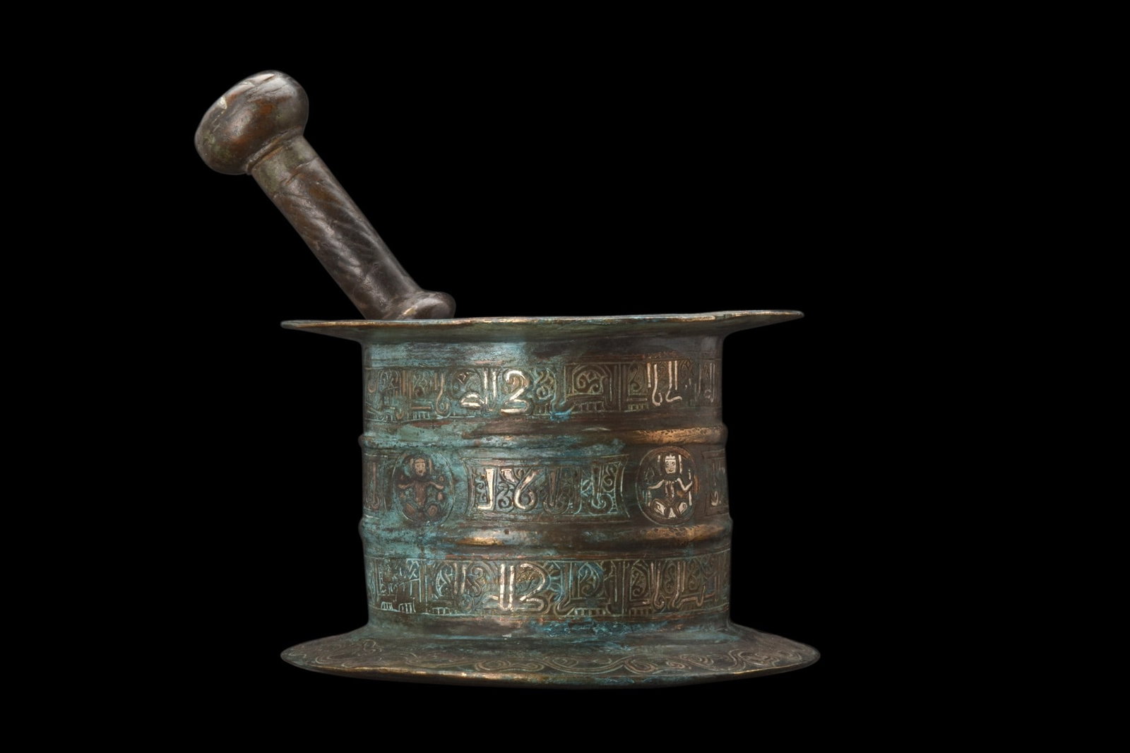 SUPERB SELJUK SILVER INLAID BRONZE PESTLE AND MORTAR (1 of 6)