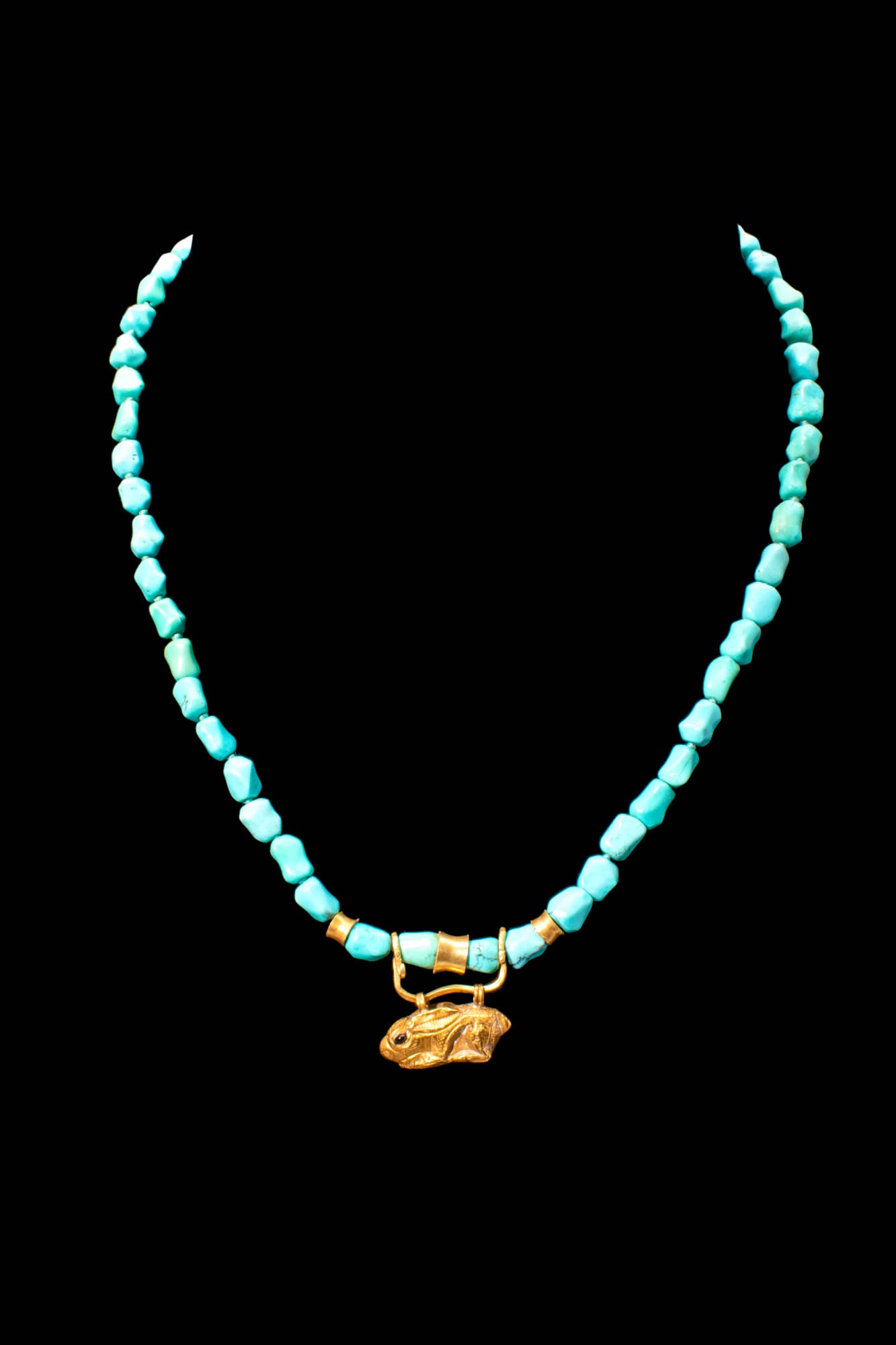 RARE EGYPTIAN TURQUOISE AND GOLD NECKLACE WITH A RABBIT PENDANT (1 of 5)