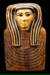 EGYPTIAN WOODEN SARCOPHAGUS LID WITH GILDED MASK