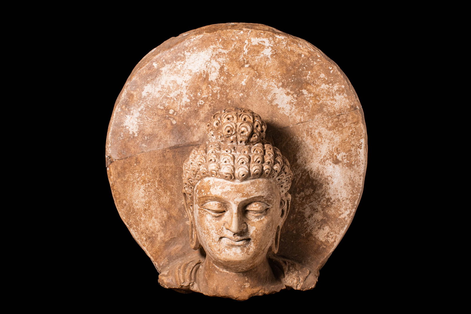 GANDHARA STUCCO HEAD OF BUDDHA WITH HALO (1 of 5)