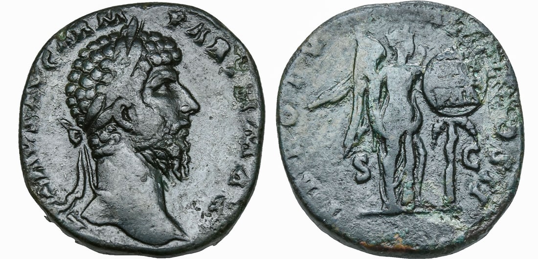 LUCIUS VERUS (161-169 AD). ROME MINT. SESTERTIUS.: Ca. AD 161 - 169 Obv: L VERVS AVG ARM PARTH MAX. Laureate head to right / Rev: TR POT VI IMP IIII COS II. Victory standing facing, head to right, holding palm frond in right hand and placing shield in