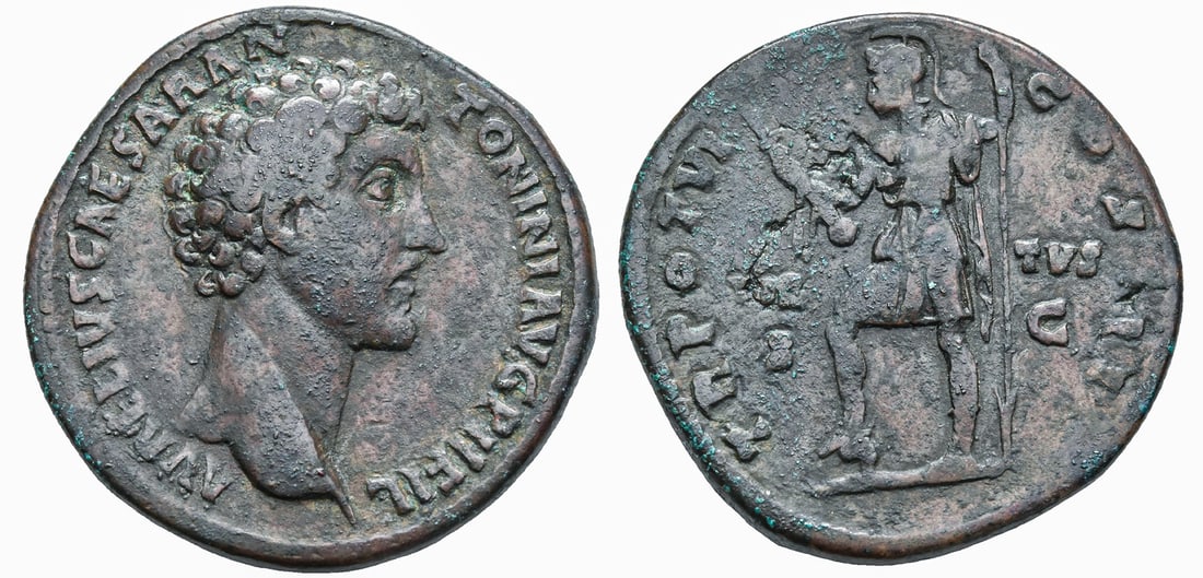 MARCUS AURELIUS, CAESAR (139-161 AD). ROME MINT. SESTERTIUS: Ca. AD 139 - 161 Obv: AVRELIVS CAESAR ANTONINI AVG P II FIL. Bare head right Rev: TR POT VI COS II. Virtus standing left, right foot on helmet, holding parazonium and spear; VIR-TVS S-C in two lines a