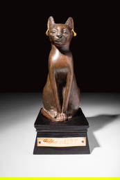 EGYPTIAN BRONZE CAT WITH GOLD EARRINGS