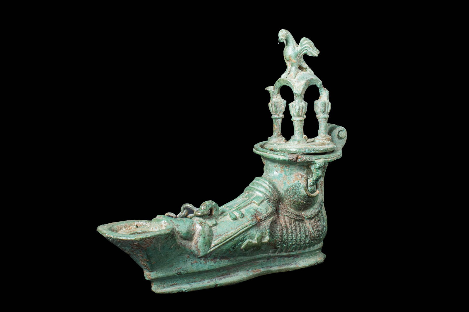 SUPERB ROMAN BRONZE OPEN-WORK FOOT SHAPED OIL LAMP WITH LID (1 of 6)