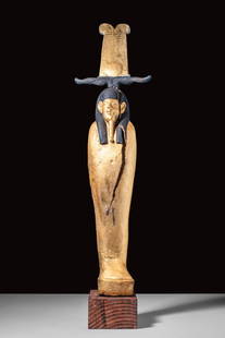 EGYPTIAN MUMMIFORM GILT STATUETTE OF PTAH SOKAR OSIRIS: Late Period, Ca. 664 - 332 BC. An Egyptian statuette of Ptah Sokar Osiris, intricately carved from dense hardwood, possibly cedar, and embellished with gilt. The figure is depicted in the traditional