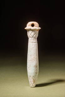 EGYPTIAN FAIENCE AMULET PAPYRUS COLUMN: New Kingdom, Ca. 1550 - 1069 BC.An exemplary mold-formed pendant in the form of a papyrus column. The column is characterised by a sizable structure with a gently pointed base, a tiered upper section