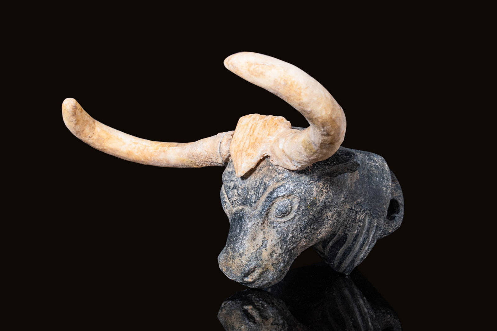 RARE GREEK BULL WITH BONE HORNS: Ca. 1500 - 1400 BC. A Greek stone figurine of a bull with a stocky neck. It's raised head has protruding eyes behind a tapered snout. The horns are made in bone and project from its temples. The bull 