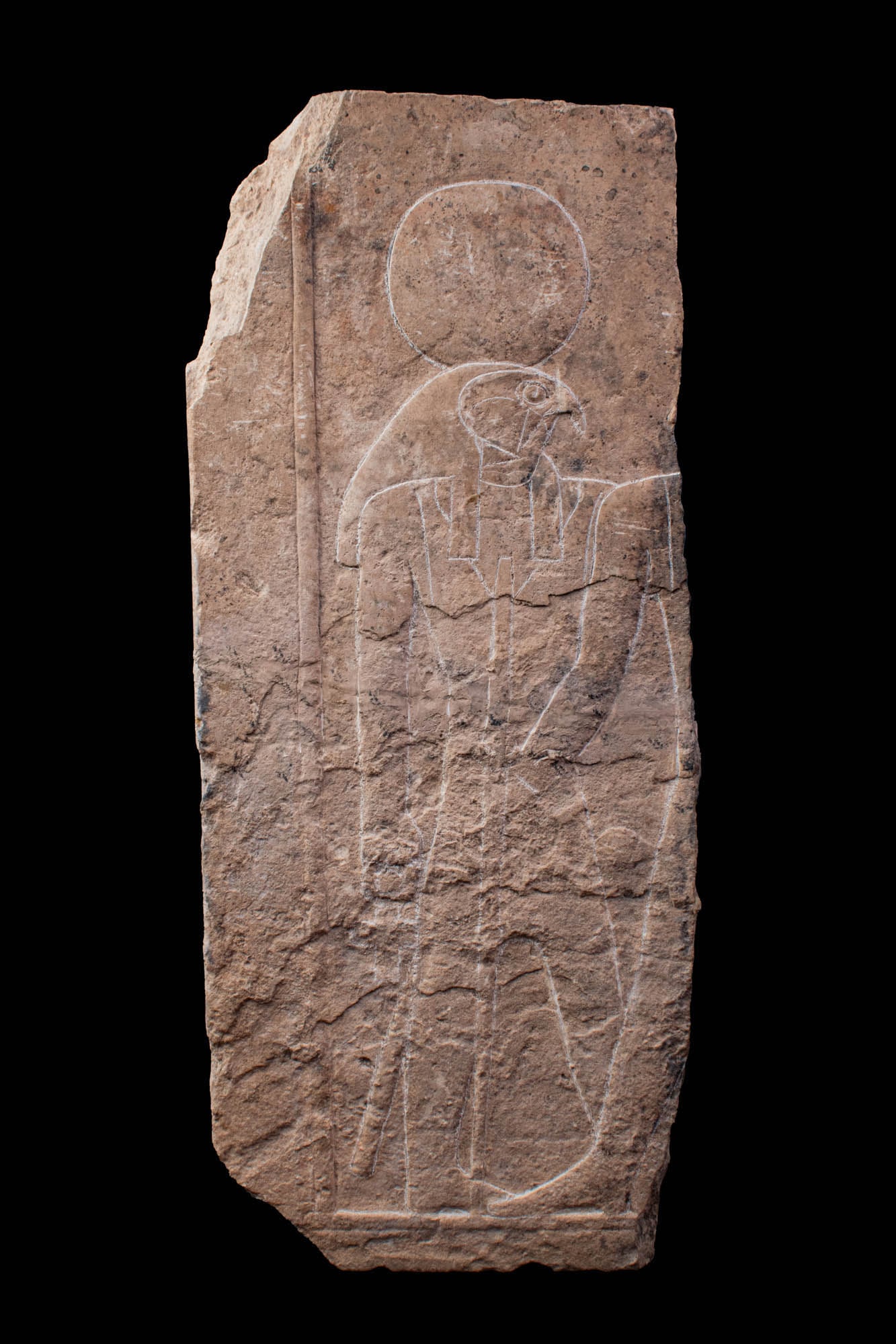 EGYPTIAN LIMESTON FRAGMENT OF RELIEF DEPICTING THE GOD RA AND A PHARAOH