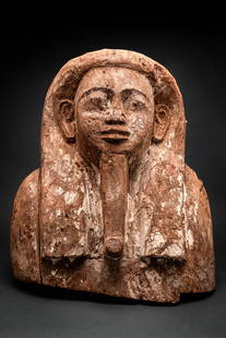 LARGE EGYPTIAN WOODEN SARCOPHAGUS MASK: Late Period, Ca. 664 - 332 BC. A carved wooden mummy mask with a broad tripartite wig and an elongated false beard. The facial features include a prominent nose, full lips, and wide-set eyes beneath d