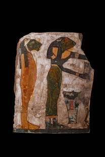 EGYPTIAN PAINTED CARTONNAGE: Ca. 664 - 30 BC. A fragment of an Egyptian painted cartonnage mummy panel, decorated in polychrome on a white gessoed surface. The scene shows two figures in profile facing right. On the left is the l