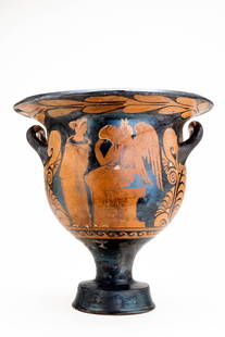 APULIAN RED-FIGURE BELL KRATER WITH WINGED NIKE AND LADY OF FASHION BY THE FOLLOWERS OF THE LECCE PA: Ca. 350 - 325 BC. A red-figure bell krater with a wide flaring rim, twin upturned handles, and a deep body set on a high foot. Side A shows a seated winged Nike, her hair arranged in an elaborate styl
