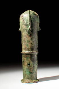 EARLY GREEK/ BRONZE AGE MACE HEAD WITH GEOMETRIC MOTIF: Ca. 900 - 800 BC. A tubular bronze mace head with a rounded bottom, flat rim, and circular opening. A single raised ring encircles the midsection, while the apex is marked by a projecting cross-shaped