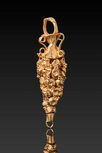 HELLENISTIC HIGH KARAT GOLD AMPHORA-SHAPED PENDANT FROM AN EARRING WITH GRANULATION: Ca. 300 - 100 BC. A gold earring pendant in the form of a miniature amphora with S-shaped handles and a flaring rim. The body is formed of gold spheres further embellished with clusters of filigree, a
