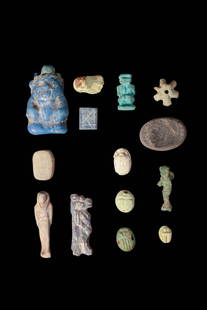 COLLECTION OF EGYPTIAN FAIENCE, STONE BRONZE AMULETS: Late Period, Ca. 664 BC - AD 200. A collection of fifteen amulets crafted from faience, stone, and bronze, featuring deity representations of Bes, Pataikos, Taweret, and Harpocrates. The assemblage al