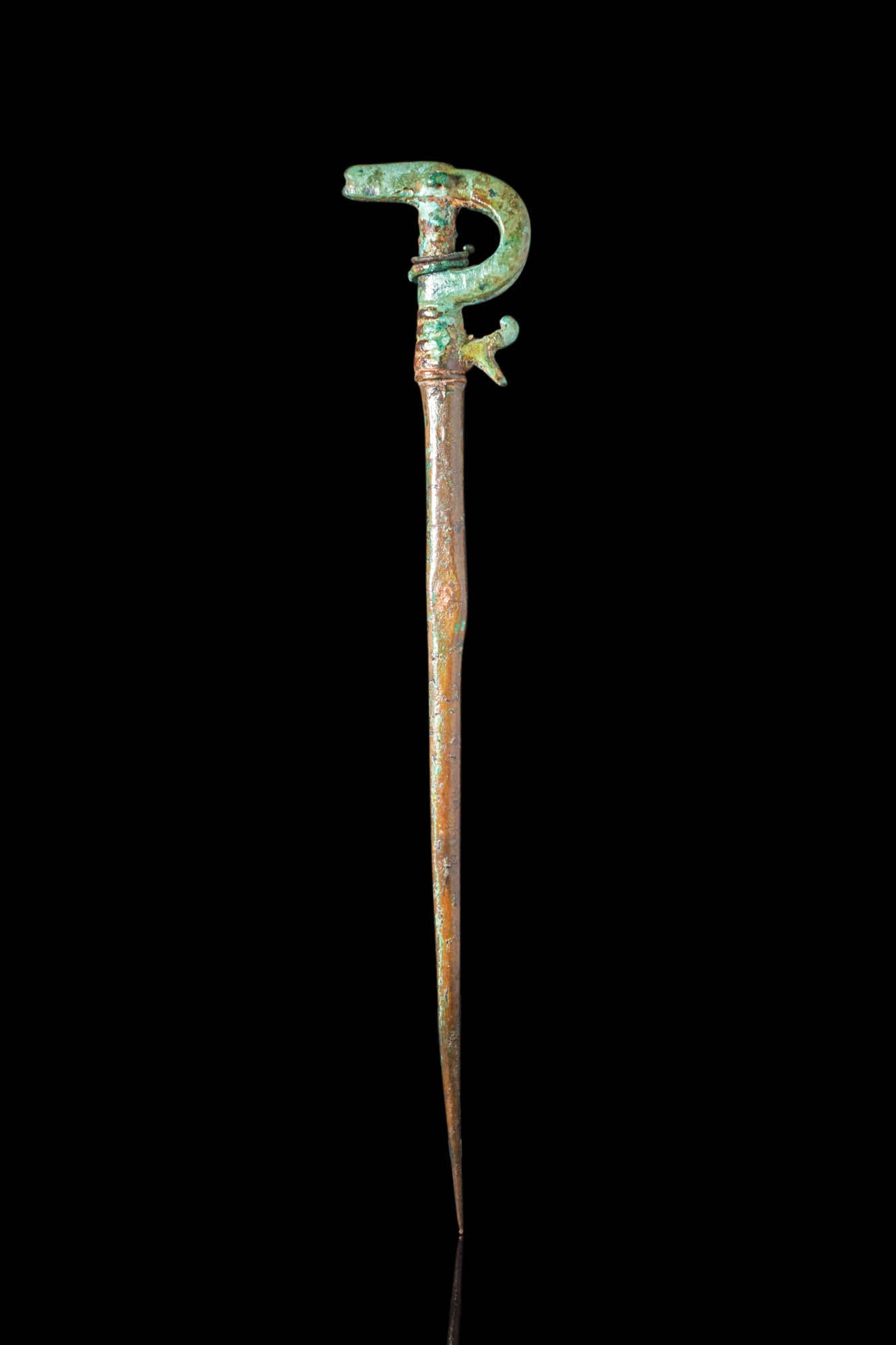 WESTERN ASIATIC BRONZE PIN WITH IBEX HEAD AND BIRD (1 of 4)