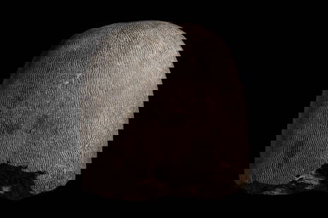 COLOSSAL EGYPTIAN FRAGMENTARY STONE HEAD OF COLOSSAL STATUE: New Kingdom, Ca. 1550 - 1069 BC. A large fragment from the back of a colossal head in dark hardstone, the surface carved with tightly spaced, horizontally arranged undulating ridges representing the