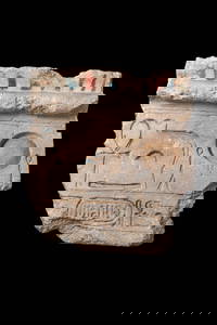 LARGE EGYPTIAN LIMESTONE LINTEL WITH CARTOUCHE OF NEFERTITI HIEROGLYPHS AND ORIGINAL PIGMENTS