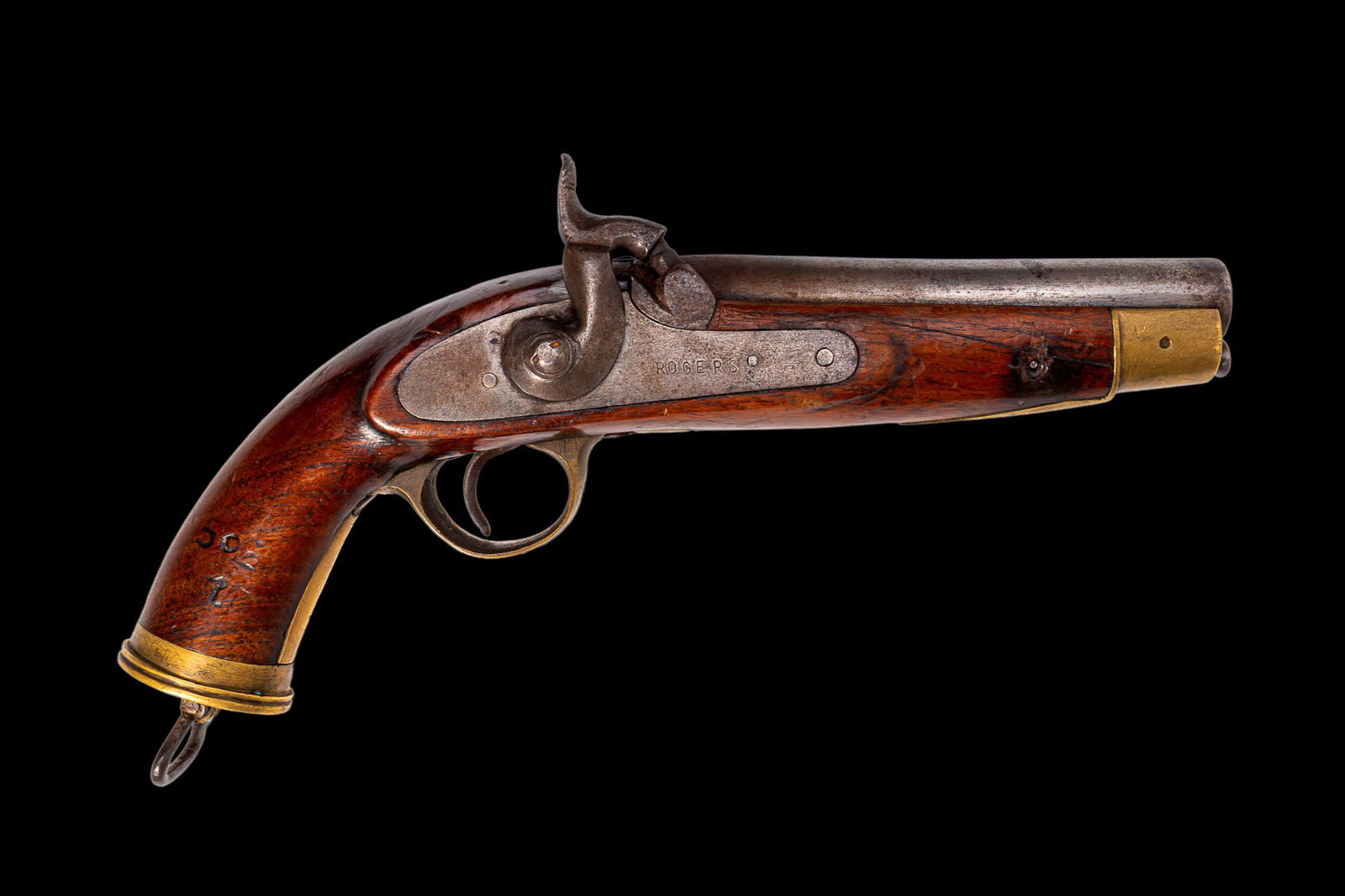 PERCUSSION CAP PISTOL BY 'ROGERS': Ca. Early 19th Century AD. A percussion cap pistol made by the maker Rogers. This item was likely a private purchase rather than a military issued firearm, though it may have been used by an officer.