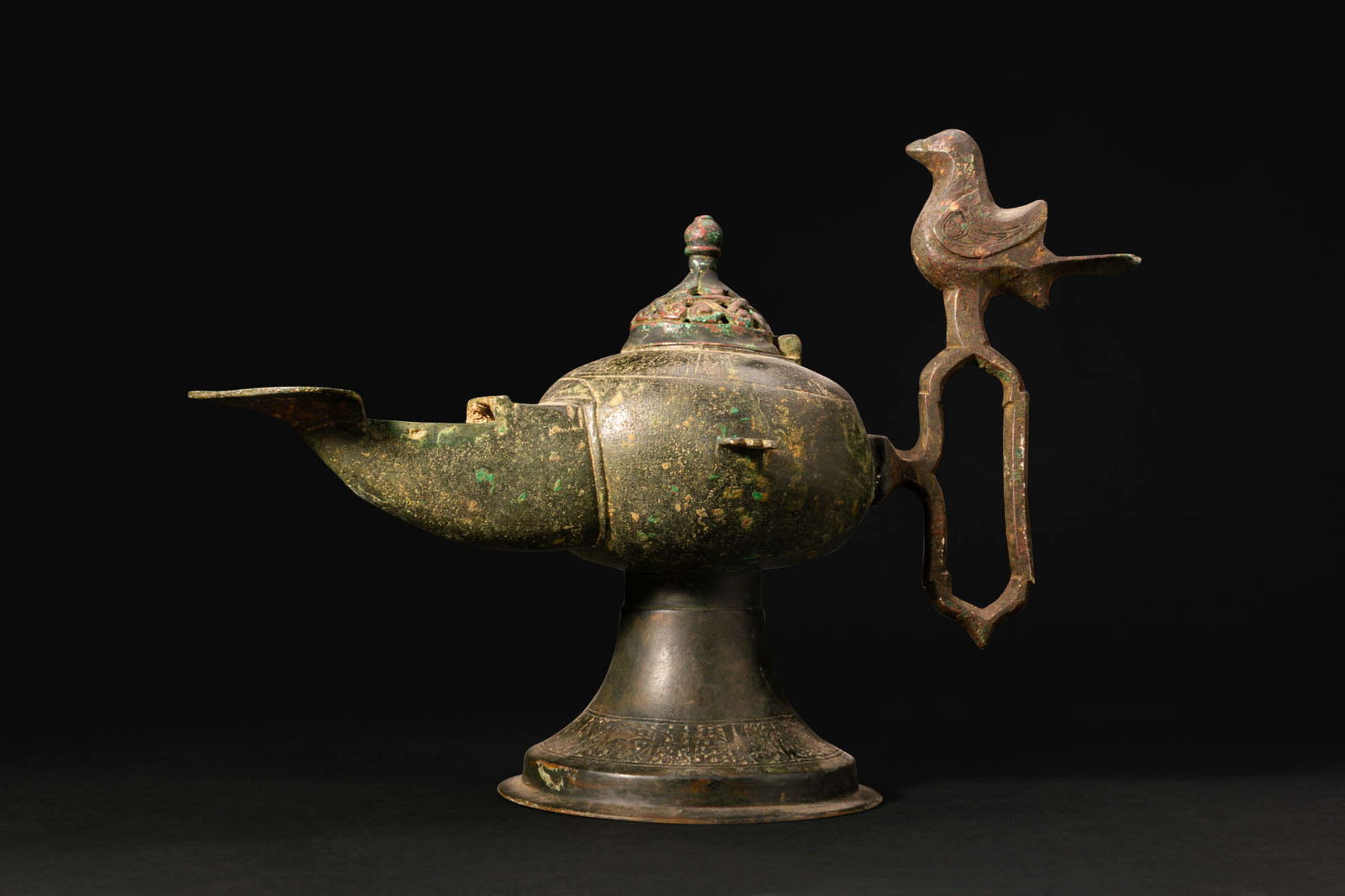 SELJUK BRONZE DOUBLE-WICKED OIL LAMP WITH BIRD FINIAL (1 of 6)