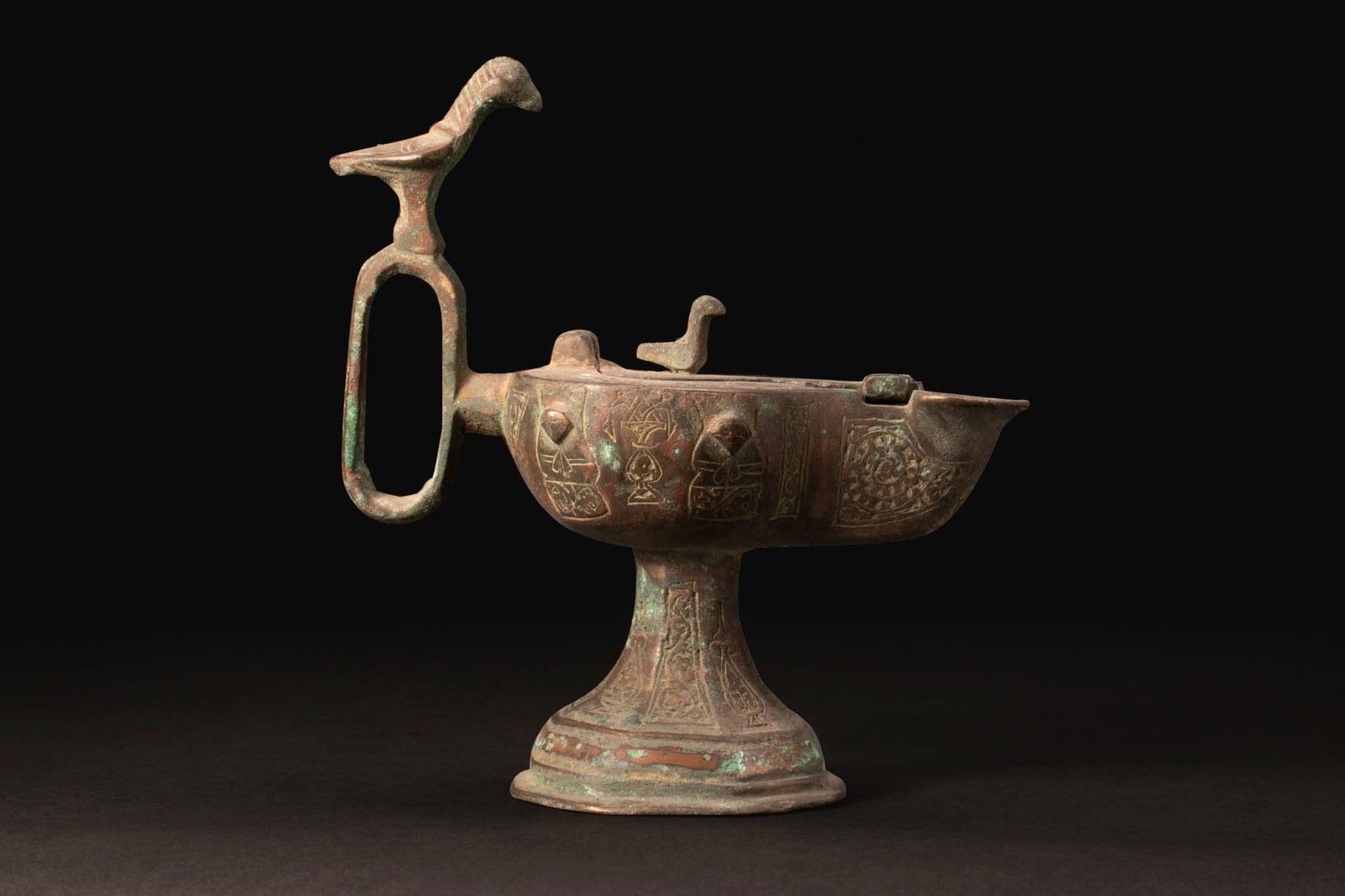 SELJUK BRONZE OIL LAMP WITH BIRD FINIALS (1 of 6)