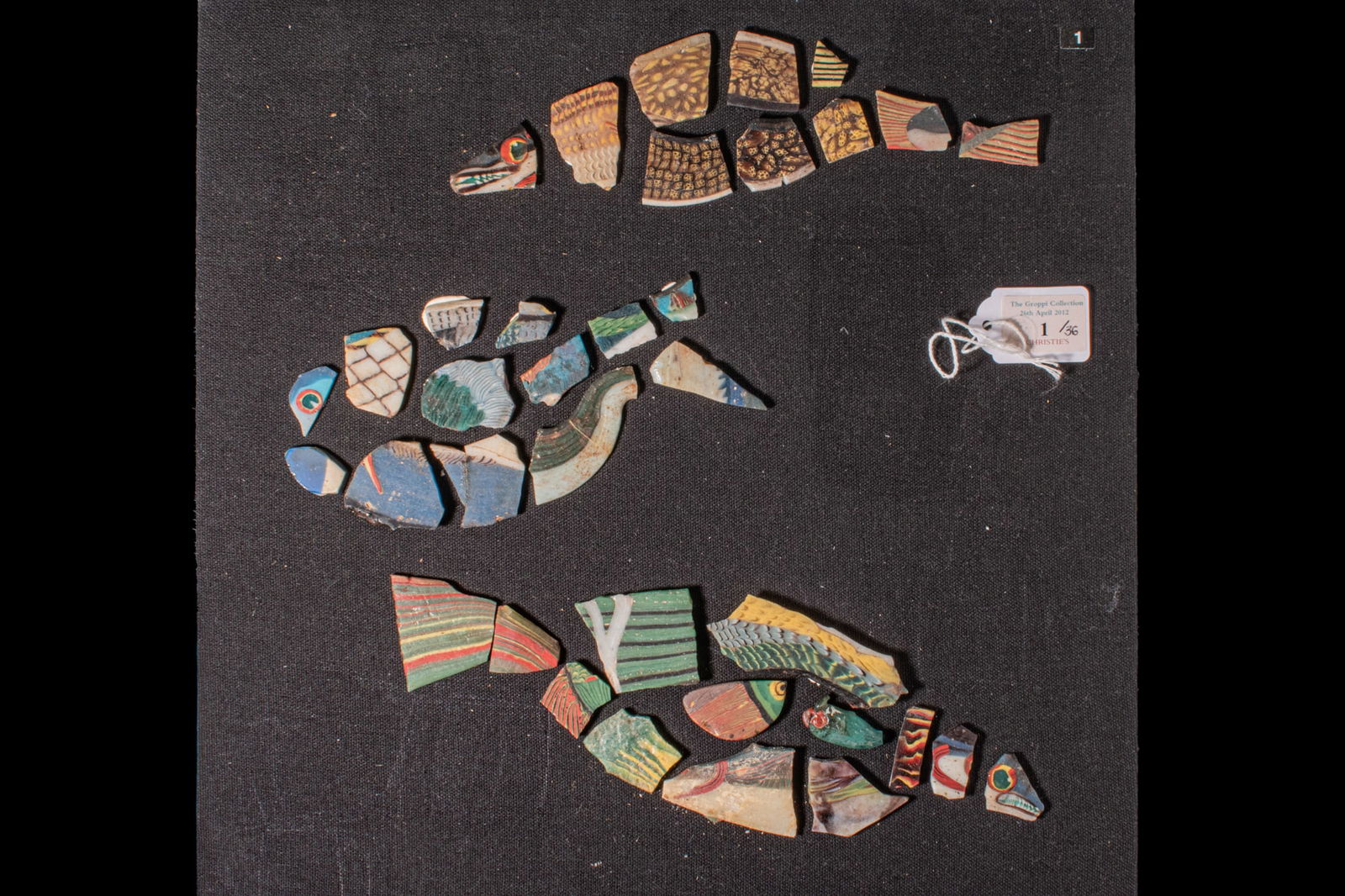 COLLECTION OF THREE EGYPTIAN MOSAIC GLASS FISH INLAYS - EX CHRISTIE'S & EX GROPPI COLLECTION
