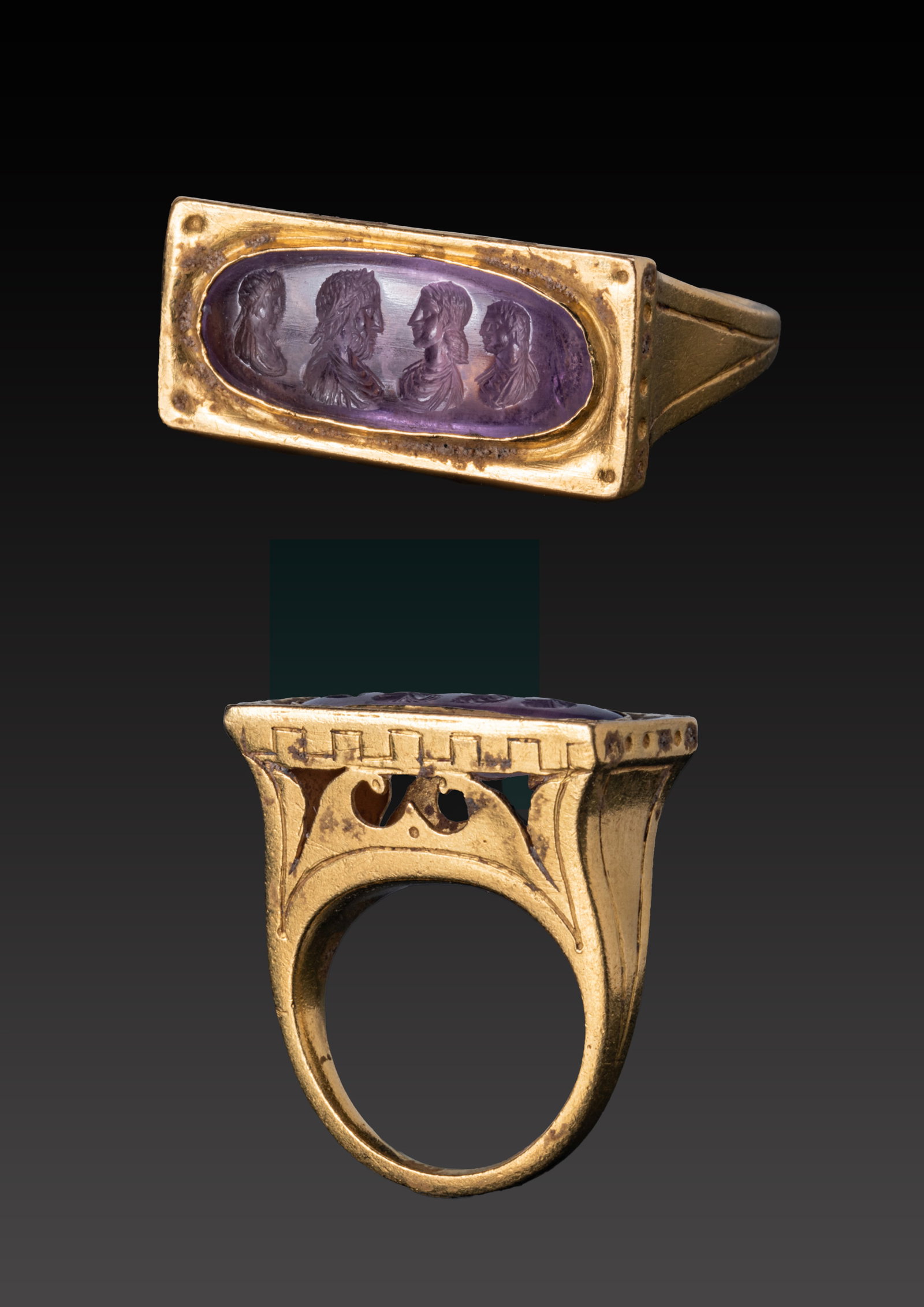 RARE ROMAN HIGH KARAT GOLD ARCHITECTURAL OPENWORK RING WITH AMETHYST INTAGLIO OF IMPERIAL BUSTS (1 of 6)