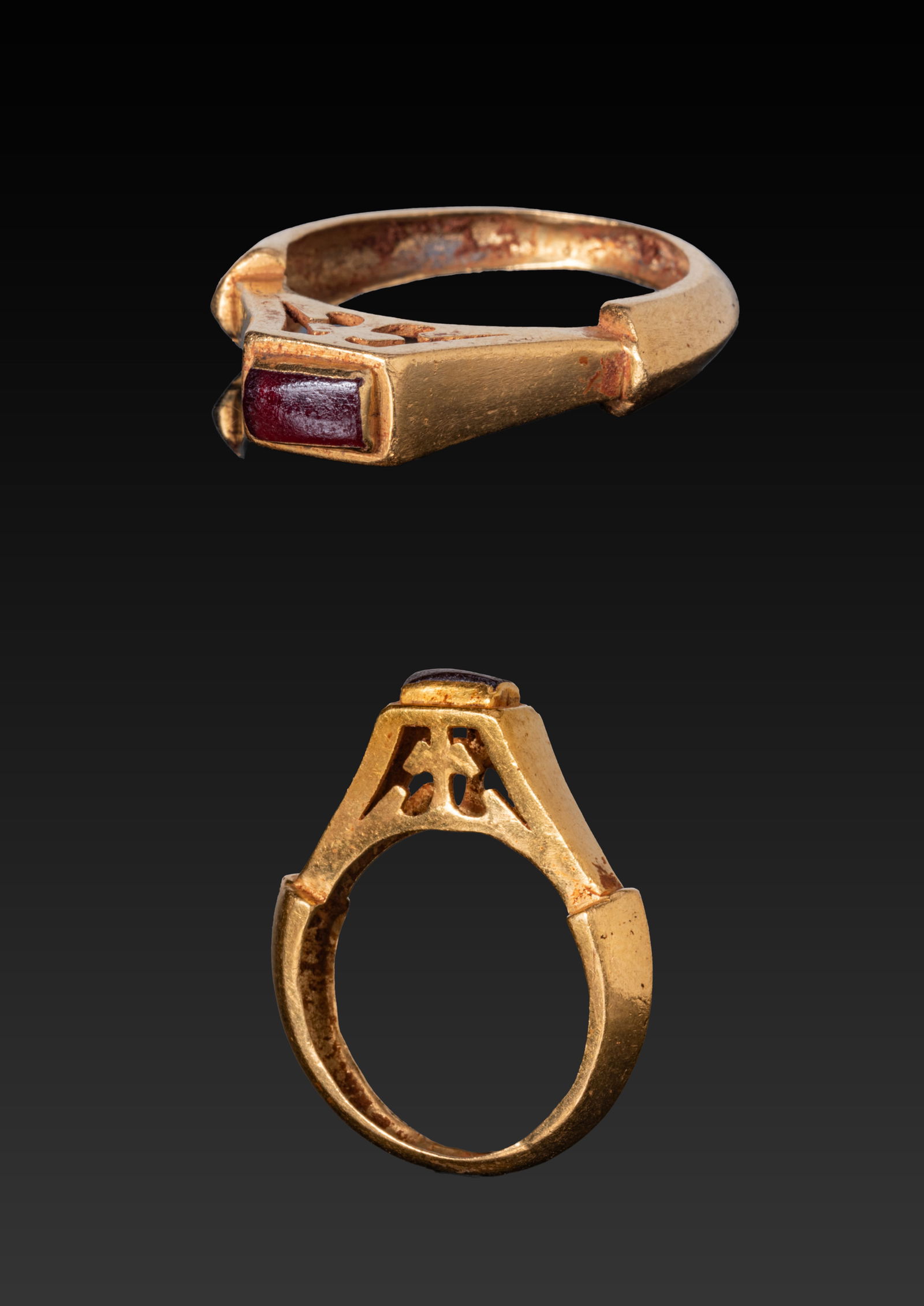 STUNNING ARCHITECTURAL ROMAN OPENWORK HIGH KARAT GOLD RING WITH RED GARNET CABOCHON (1 of 5)