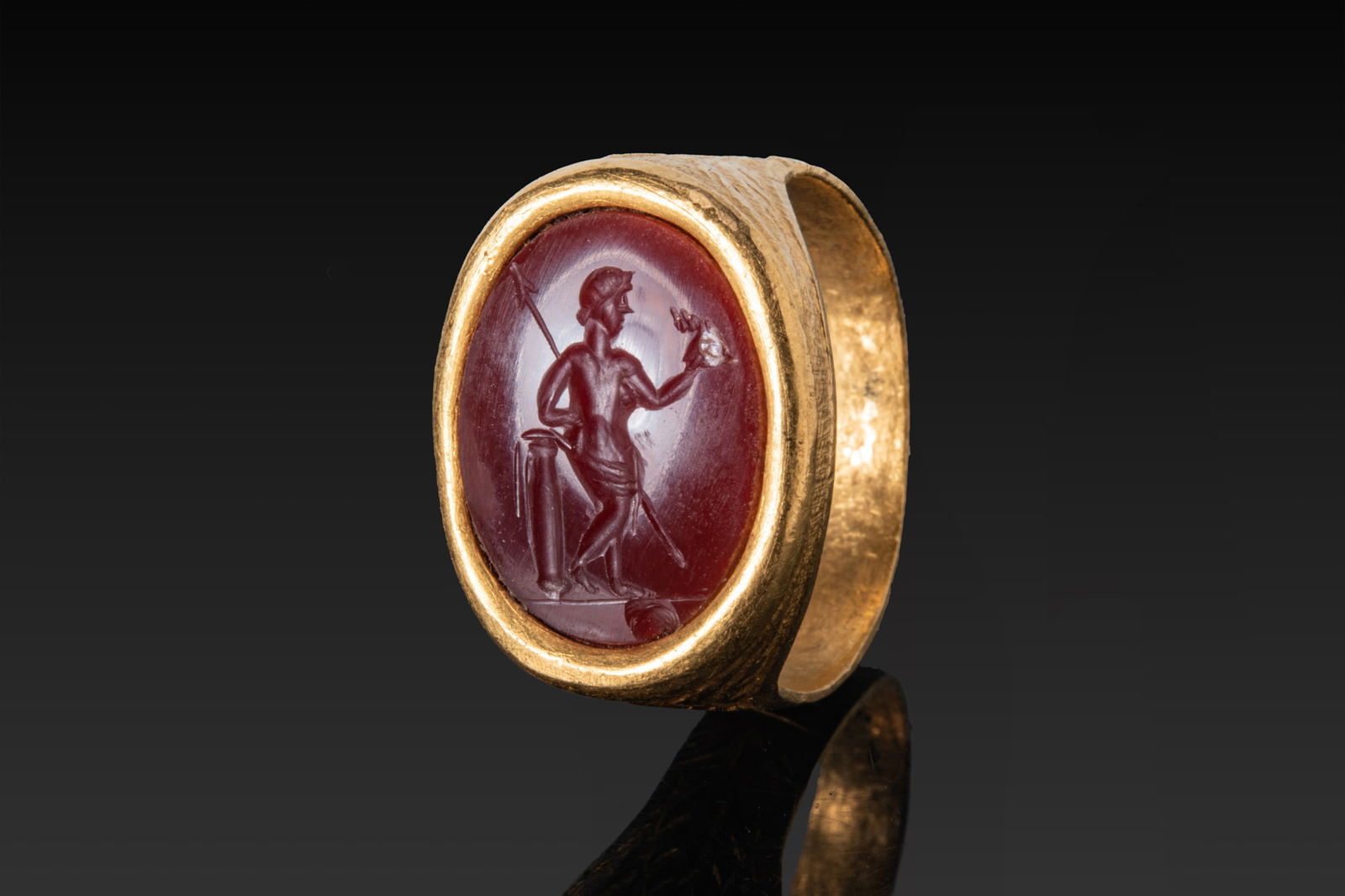 ROMAN CARNELIAN INTAGLIO WITH MARS BY A COLUMN IN HIGH KARAT GOLD RING (1 of 3)