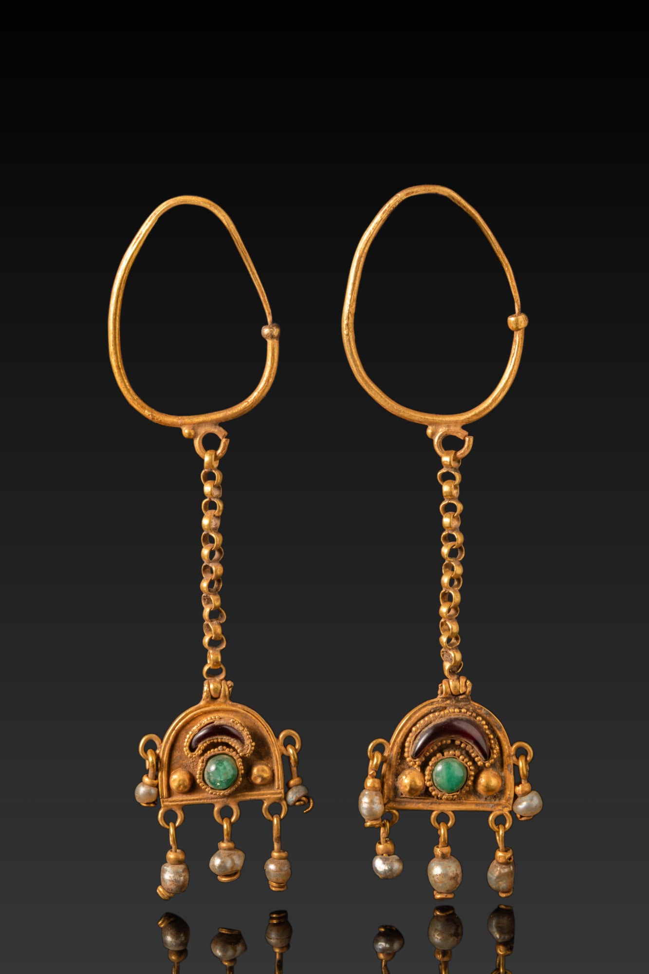 MATCHED PAIR OF BYZANTINE GOLD EARRINGS WITH GARNETS, EMERALDS AND PEARLS (1 of 3)