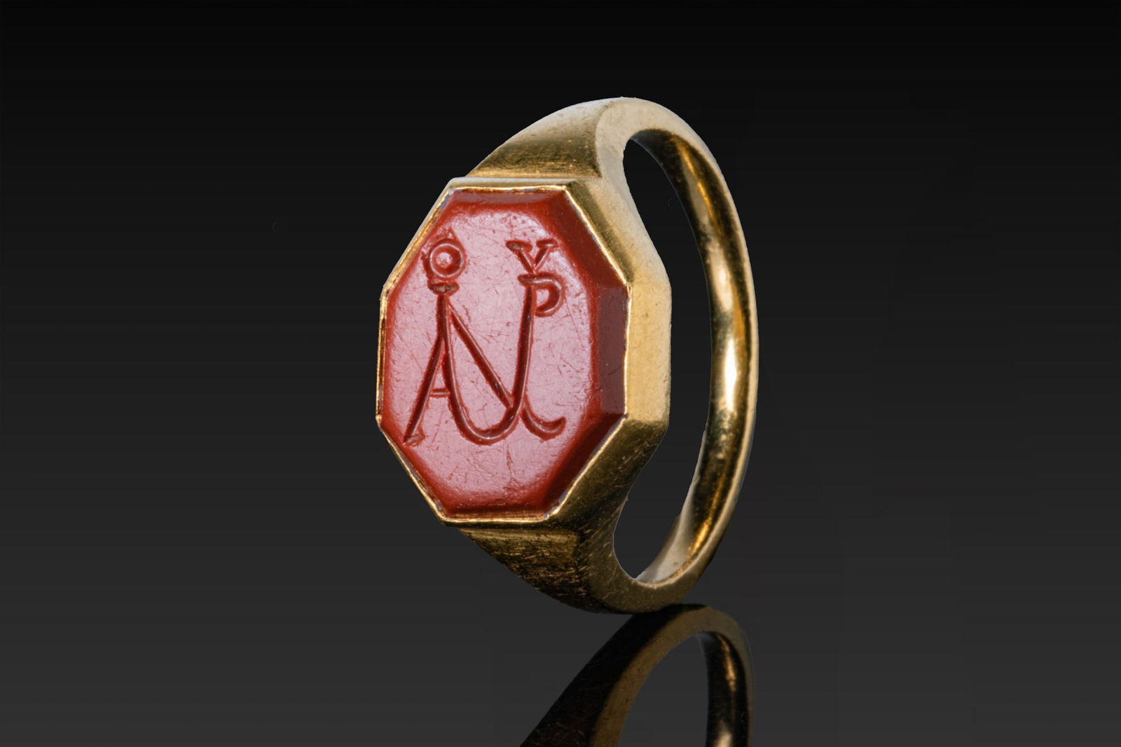 BYZANTINE OR MEROVINGIAN RED JASPER INTAGLIO WITH MONOGRAM IN HIGH KARAT GOLD RING (1 of 3)