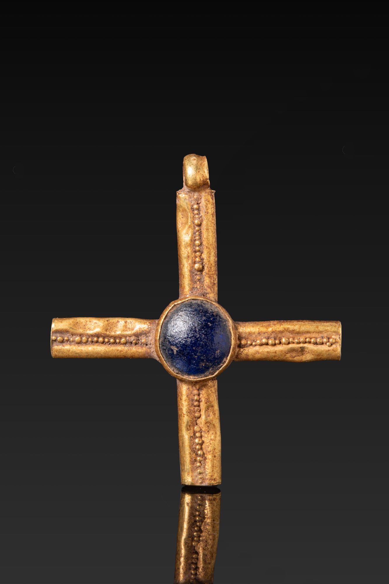 BYZANTINE HIGH KARAT GOLD CROSS PENDANT WITH CENTRAL BLUE GLASS CABOCHON (1 of 3)