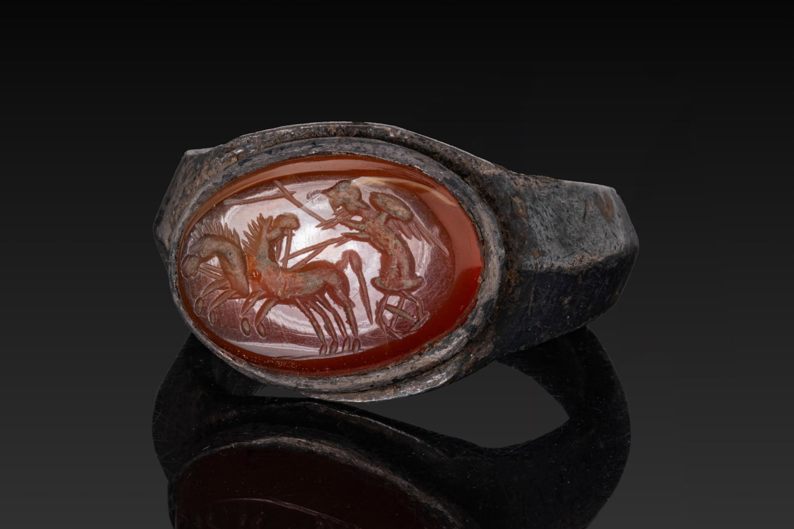 ROMAN SILVER RING WITH CARNELIAN INTAGLIO OF CUPID DRIVING A BIGA (1 of 11)
