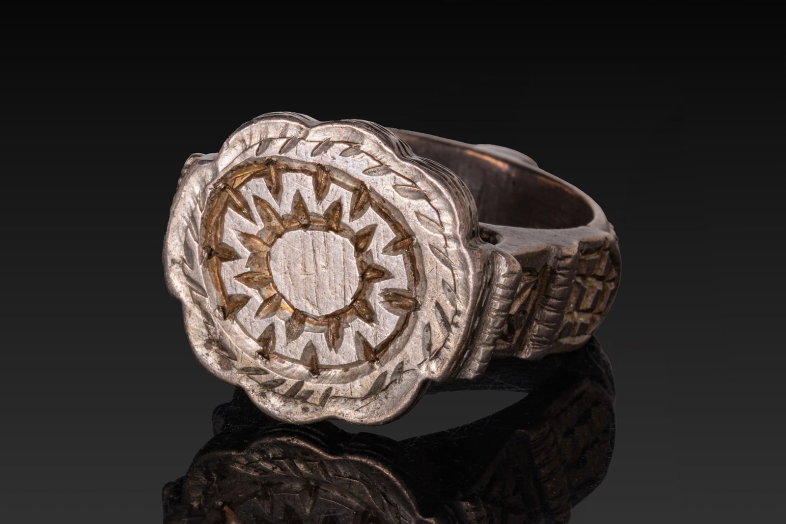 MEDIEVAL SOLID SILVER RING WITH FLORAL BEZEL (1 of 14)