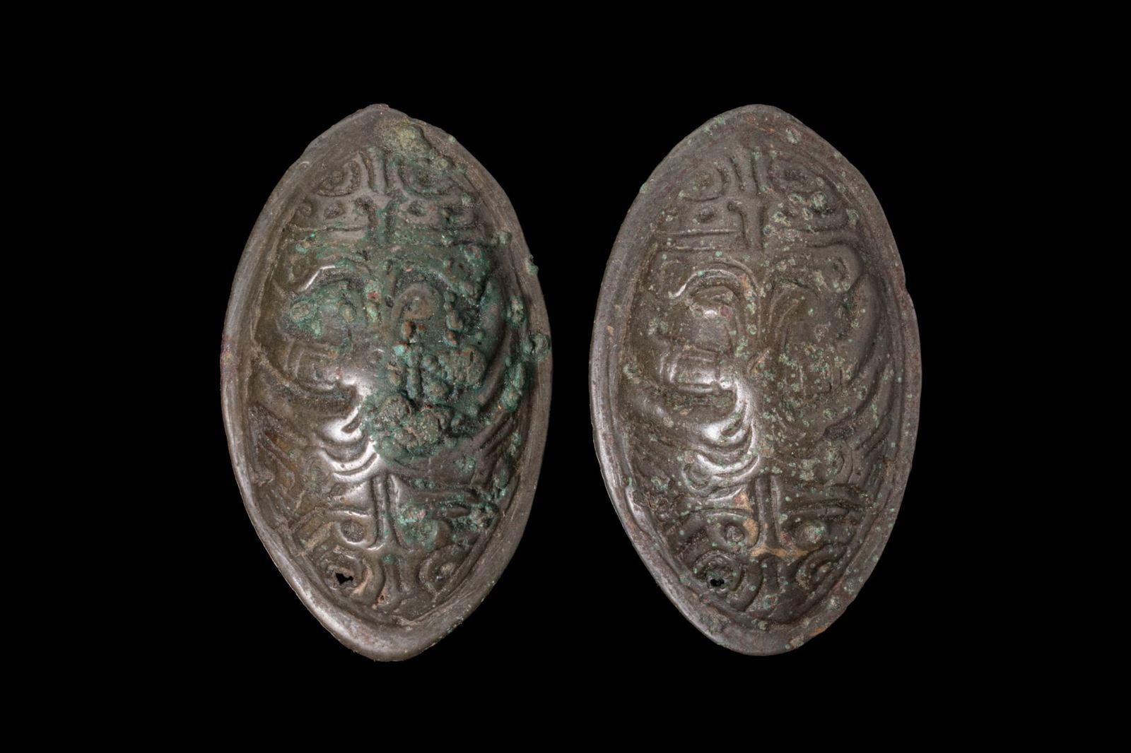 PAIR OF VIKING PERIOD BRONZE TORTOISE BROOCHES WITH RAVENS (1 of 3)