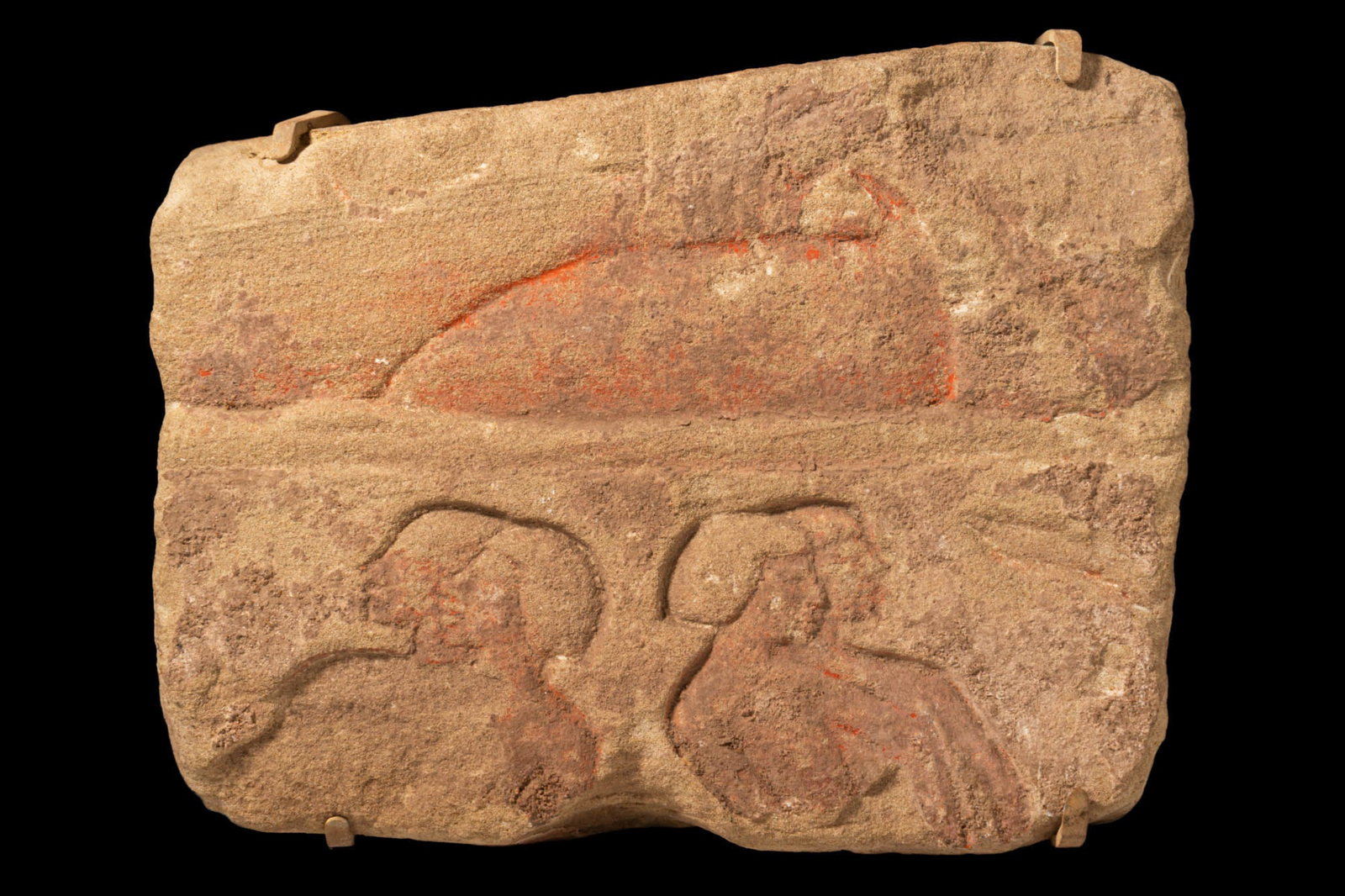 EGYPTIAN AMARNA PERIOD RELIEF OF WORSHIPPERS: Amarna Period, Ca. 1353 - 1336 BC. A sandstone relief fragment carved with two pairs of bust-length worshippers, each shown in profile, one pair facing right and the other facing left. All figures