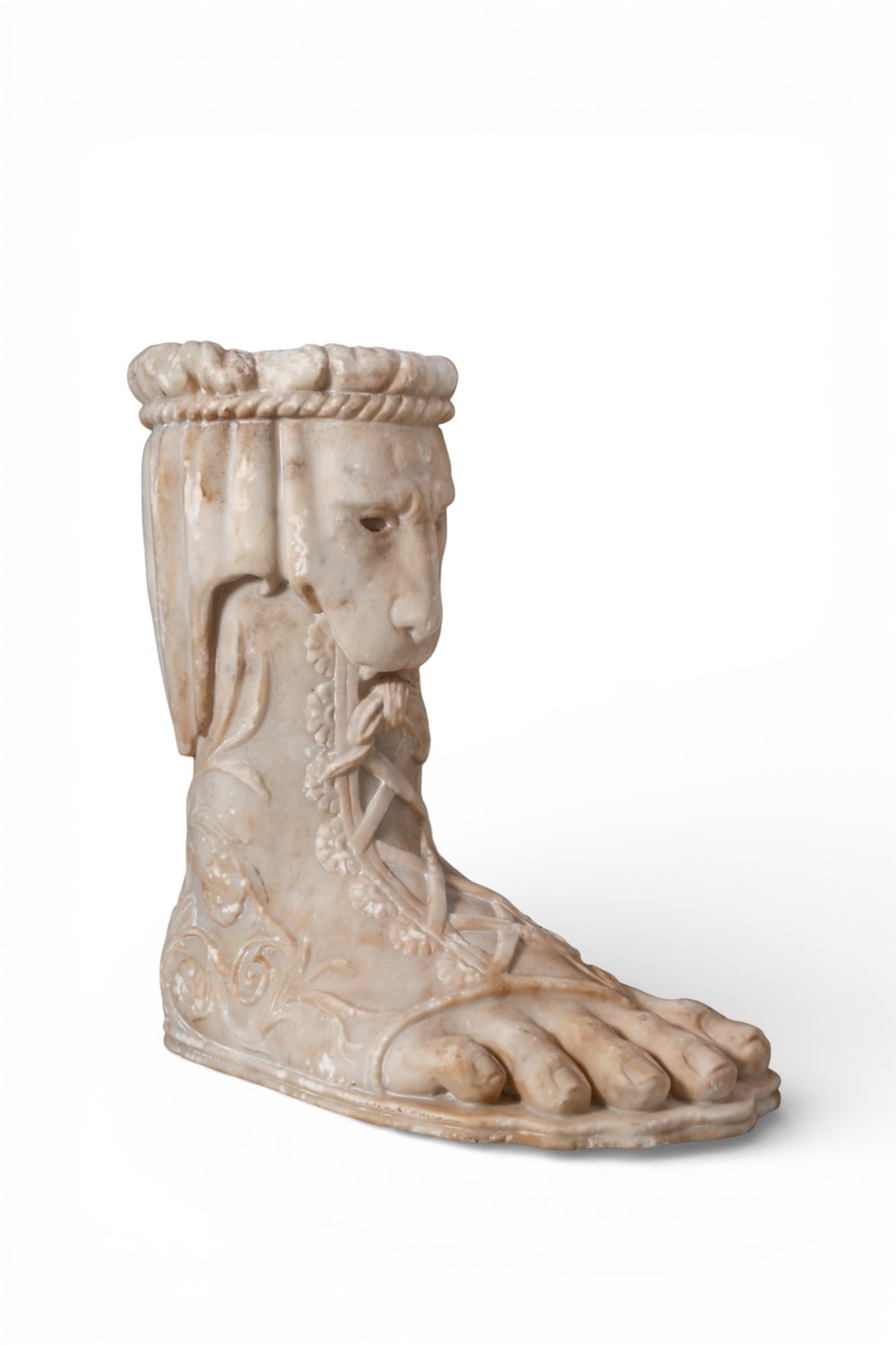 STUNNING ROMAN MARBLE EMPEROR'S FOOT: Ca. AD 100 - 200 Roman marble fragment preserving a right foot and lower leg, plausibly from an imperial statue of the second century AD probably Hadrian. The limb is rendered with naturalistic toes a