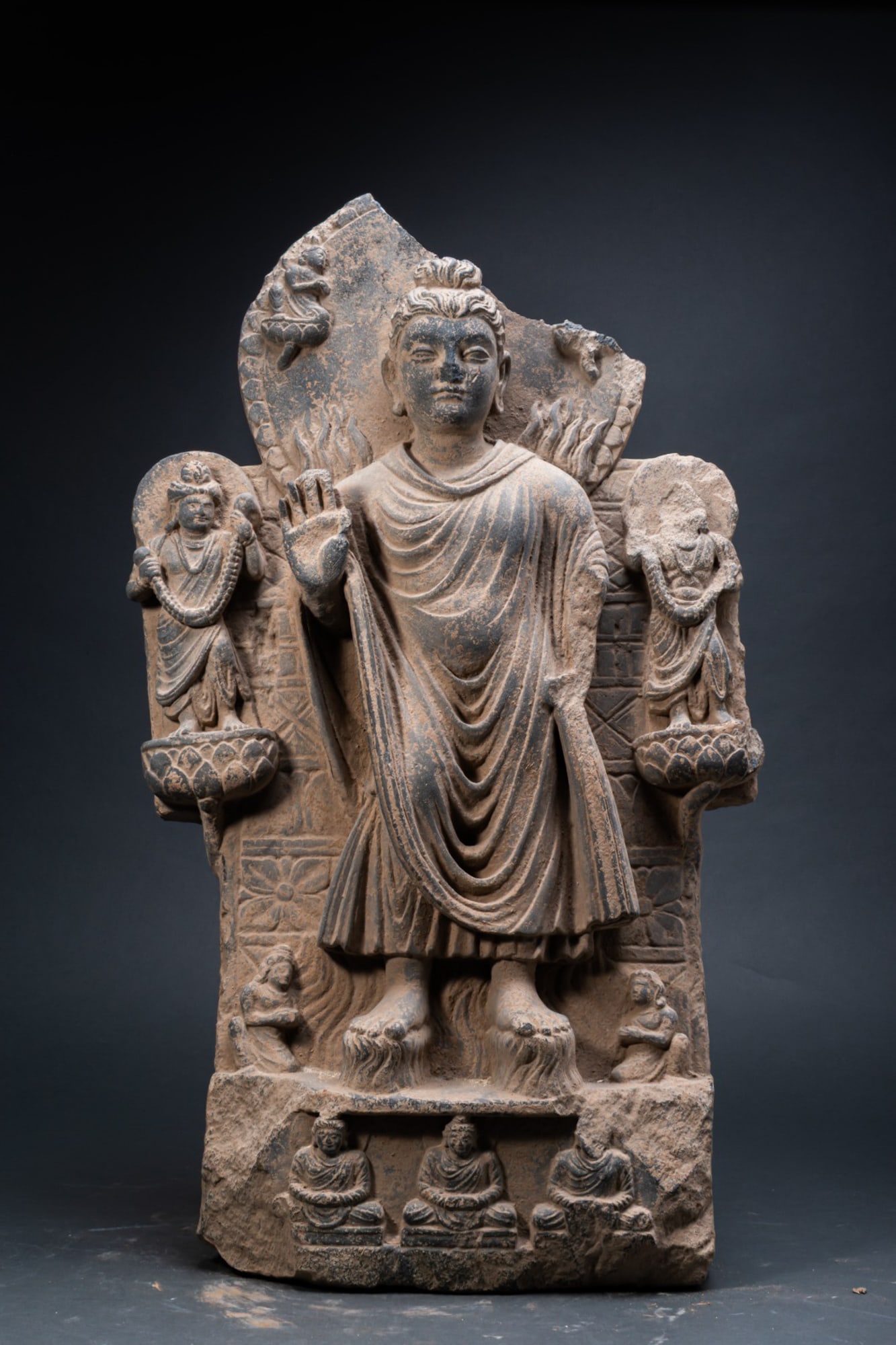 GANDHARAN STONE FIGURE OF BUDDHA AND ATTENDANT (1 of 3)