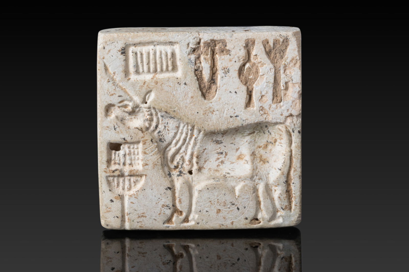 INDUS VALLEY STEATITE SEAL WITH BISON AND INSCRIPTION (1 of 3)