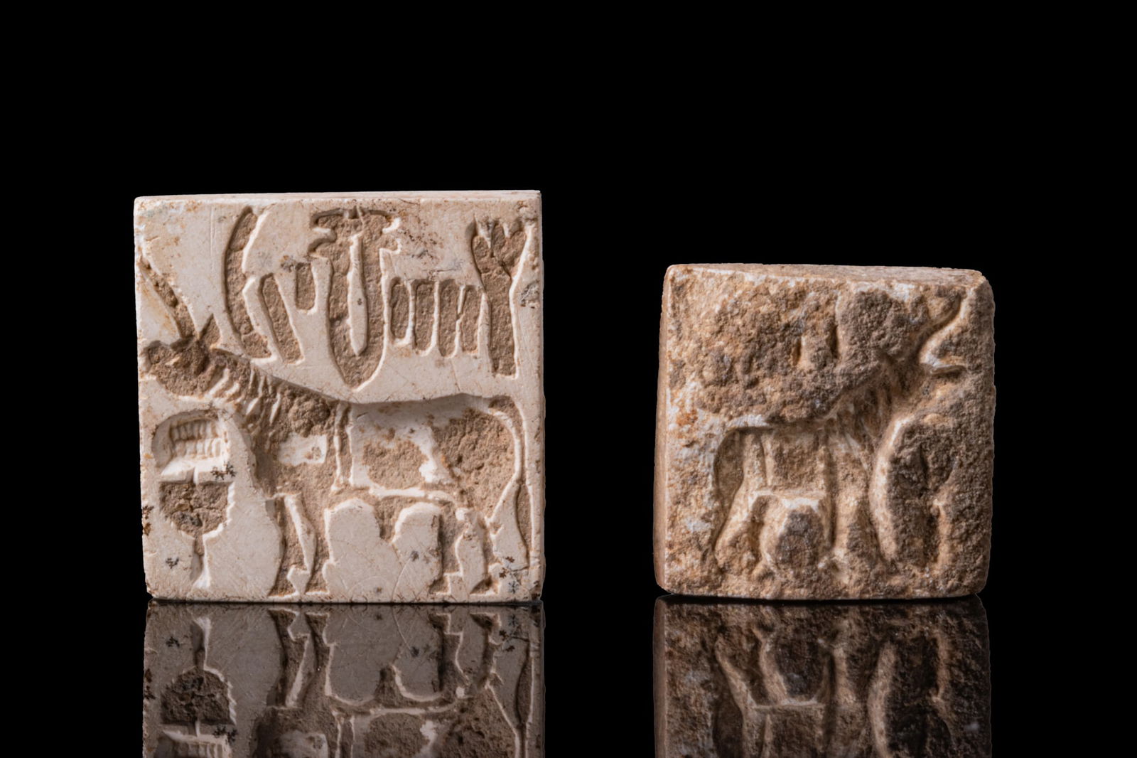 PAIR OF INDUS VALLEY WHITE STONE STAMP SEALS WITH BISON AND SCRIPT - WITH ORIGINAL REPORT BY PROF. L (1 of 5)