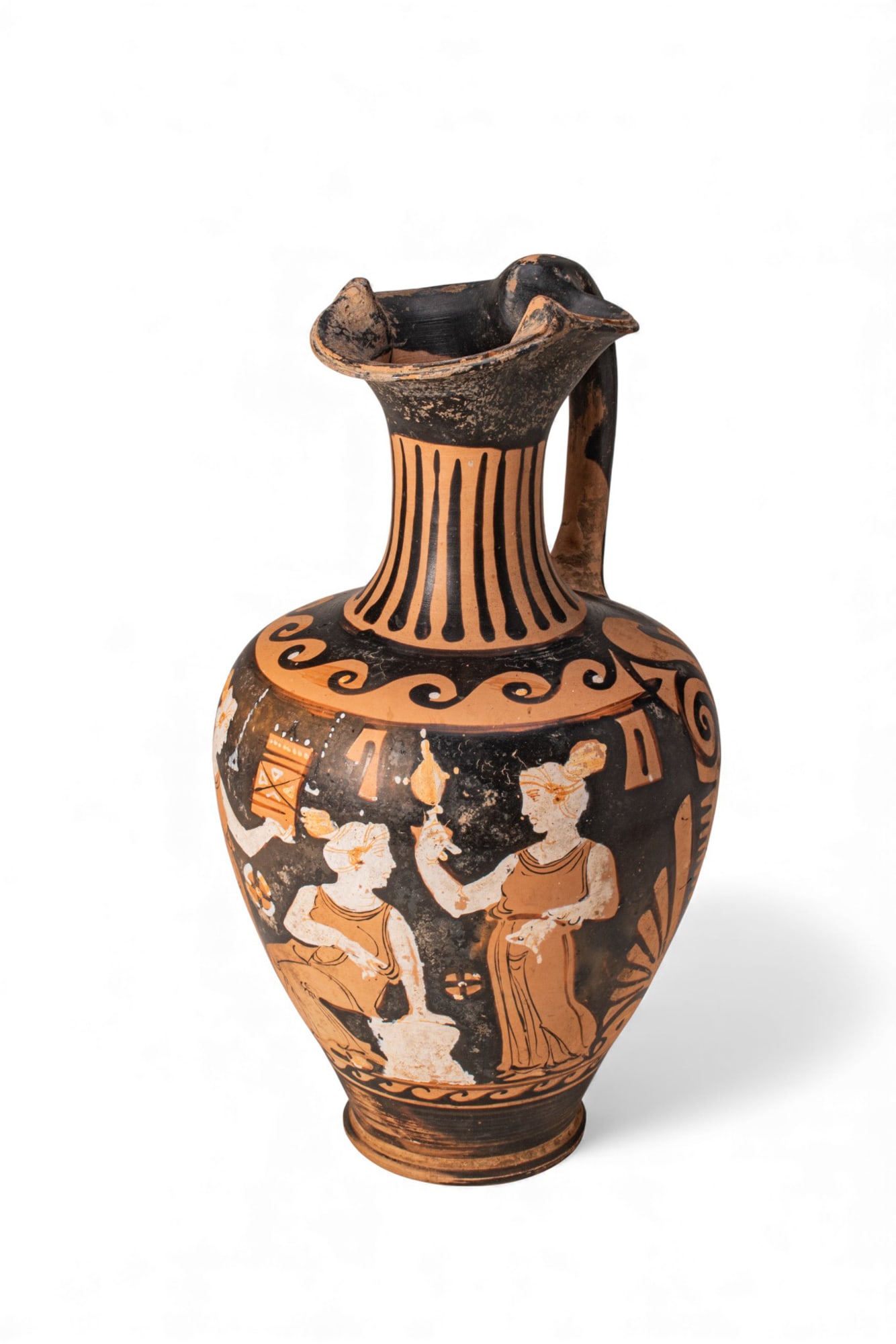 APULIAN RED-FIGURE OINOCHOE WITH FEMALE FIGURES BY CIRCLE OF THE PRISONER PAINTER (1 of 7)
