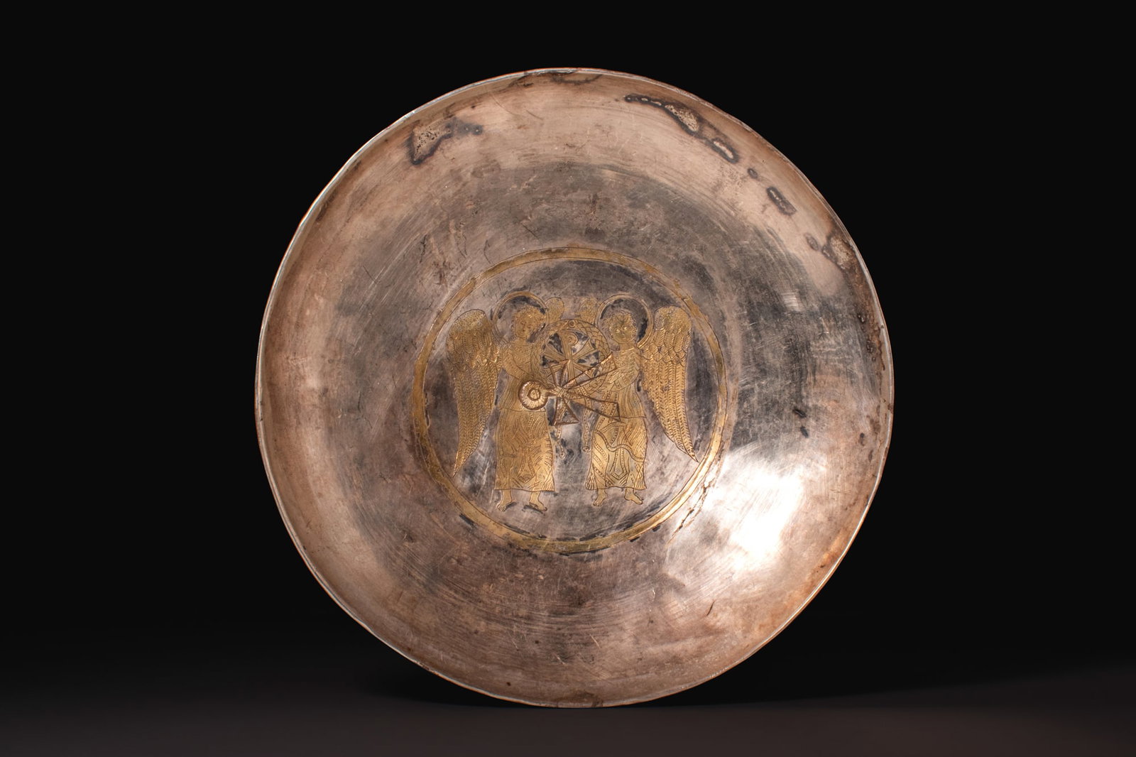 RARE BYZANTINE SILVER-GILT BOWL WITH TWO ANGELS AND CHRISTOGRAM (1 of 6)