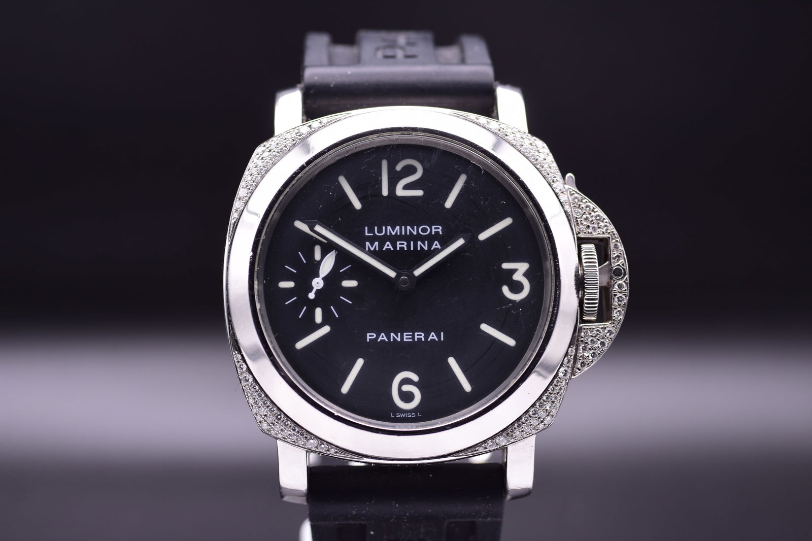 Officine Panerai: A Rare, Highly Important, Limited Edition Wristwatch with Factory-Set Diamond Beze: 2000AAn exceptionally rare and highly sought after watch.?Officine Panerai Luminor Marina?reference?OP 6533?presents a striking 44mm cushion-shaped stainless steel case enhanced by a magnificent,